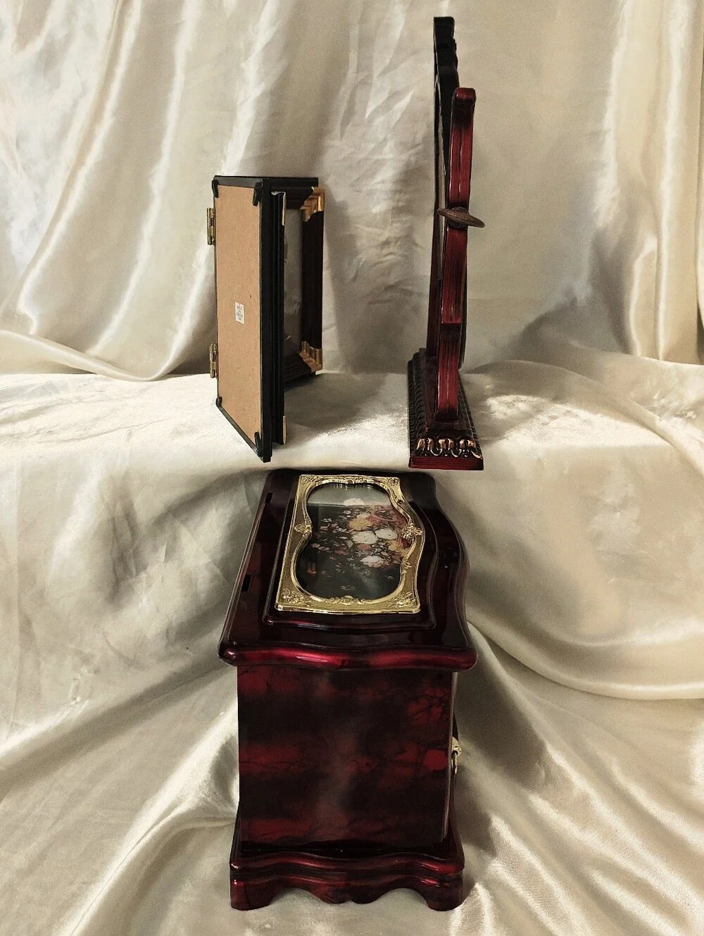 Vintage Mahogany-Style Musical Jewelry Box And Picture Frame Bundle